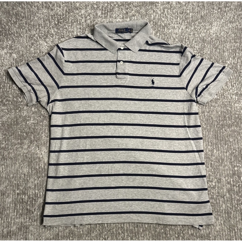 Polo Ralph Lauren Shirt Men's Size XL Gray Striped Horse Logo Short Sleeve Polo